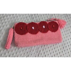 Pink And Red Crocheted Purse Clutch Zippered Makeup Wristlet Case Handmade Love